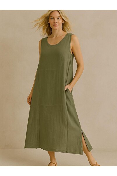 Butik İtalyan Keten Elbise - HAKİ