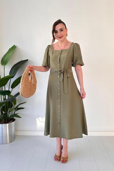 MaziButik Square Neck Balloon Sleeve Dress Khaki