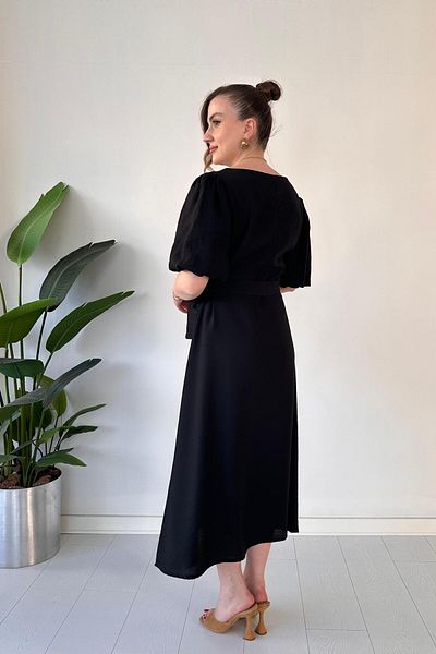 MaziButik Square Neck Balloon Sleeve Dress Black