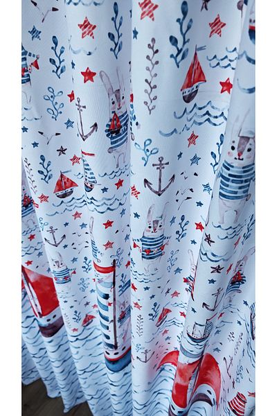 Yuka Children's and Baby's Room Background Curtain Velvet Textured Sailing Sea Theme Printed Single Wing 1/2.5 Medium Pleated