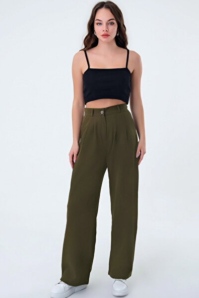 FEMİNEER.com Khaki Pleated High-Waisted Comfortable Loose Fit Lycra Wide-Leg ...