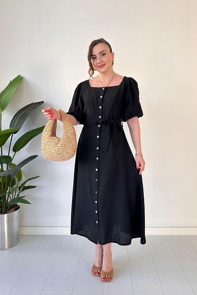 MaziButik Square Neck Balloon Sleeve Dress Black