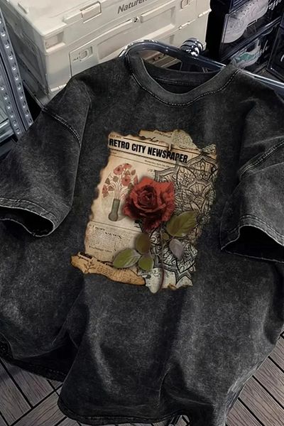Redboxbutik Washable Retro Rose Printed Oversize Vintage T-Shirt