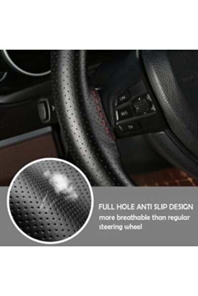DELUXETUNING Steering wheel cover made of perforated leather imitation with needle and black thread, red stitchin