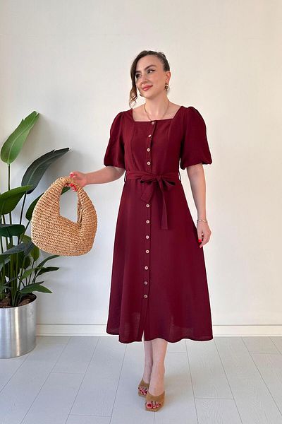 MaziButik Square Neck Balloon Sleeve Dress Burgundy