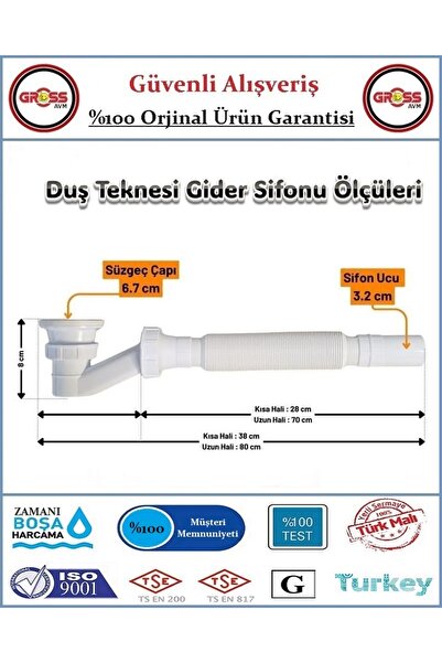 GrossAVM Duş Teknesi Gider Sifonu - Duşakabin Tekne Tropleni Körüklü