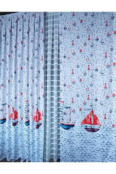 Yuka Children's and Baby's Room Background Curtain Velvet Textured Sailing Sea Theme Printed Single Wing Straight Stitching No Pleats