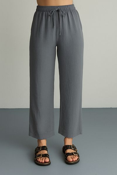 Palal Summer Lightweight Fabric Muslin Gray Women's Wide Leg Pants - Pockets and Elastic Waist