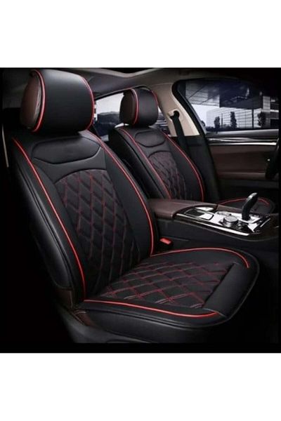 DELUXETUNING Set 2 huse scaune auto pentru fata, negru cu dunga rosie, piele ecologica