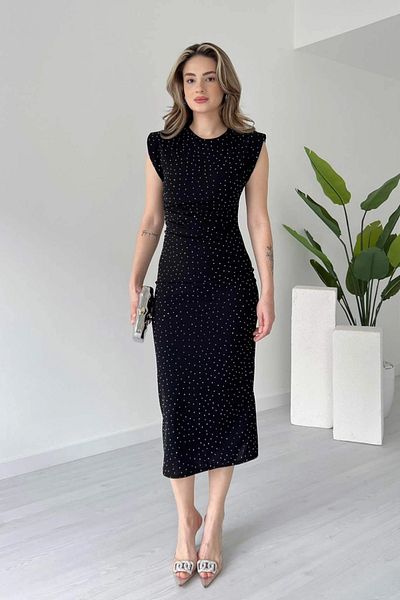 Sorridi Draped Dress with Padded Shoulders and Stones and Slit at the Back