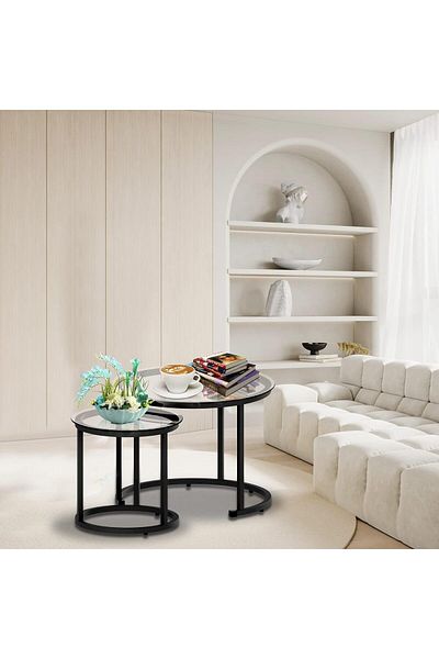 AGD Nested Glass Coffee Table Set in Black, Modern Round Side Table for Living Rooms and Apartments