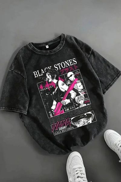 Redboxbutik Vintage Black Stones Printed Oversize Vintage T-Shirt