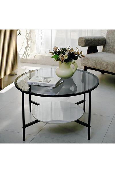 AGD 2-tier Round Coffee Table, Luxury Modern Center Table With Large Glass Top And Low Sintered Ston