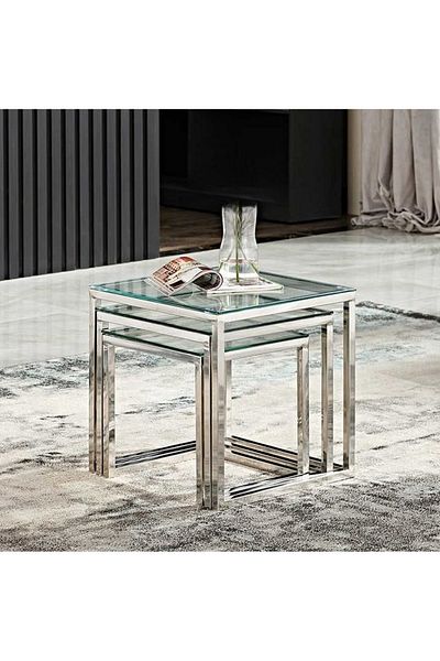 private house Set of 3 silver stainless steel serving tables