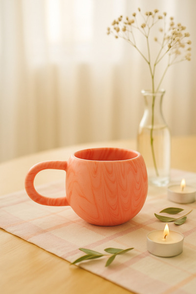 SırART U Handle Orange Ebruli Patterned Hand Made Ceramic Mug