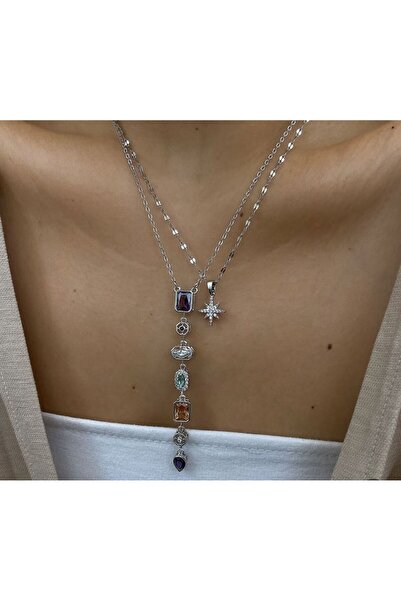 Perry Accesories kararmaz çelik kuzey yıldızı kolye ve renkli taş çelik y kol...