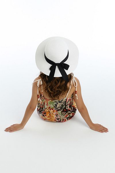 SUVE GOLD Ribbon Detailed Straw Hat – Wide Brim Summer Beach Hat White