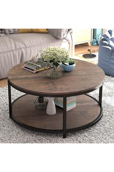 AGD Modern Wooden Coffee Table, 80 cm Round Coffee Table with Storage Shelf and Durable Metal Legs