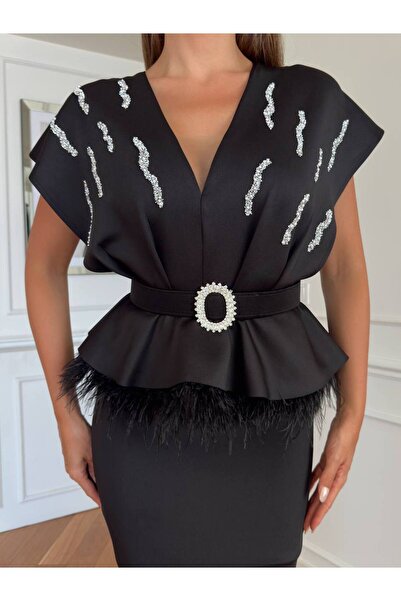 Monchoix Kadın Özel Tasarım İthal Kumaş Omuz Detaylı Kemerli Astarlı Düğün & Söz & Nişan & Mezuniyet Elbisesi