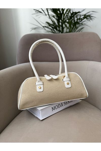 Moda Sekiz Women's Straw Side Faux Leather Zippered Baguette Handbag and Shoulder Bag