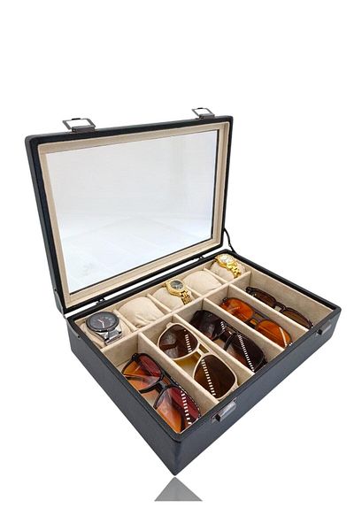 DİJİTAL ÇARŞI MAĞAZACILIK Diji 5 Glasses 5 Watch Box Watch and Glasses Bag Black Inside Cream Cream Padded