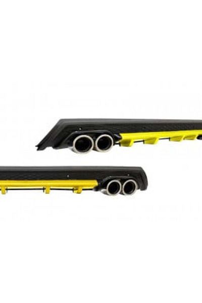 DELUXETUNING Exterior Rear Diffuser Bumper Extension Universal, ELITE B Design, black with yellow, round exhaust