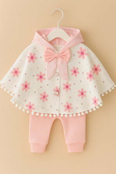 mini kanka Ponpon Detaylı Çiçek Desenli Bebek Panço Takımı Uzun Kollu Badi 0-...