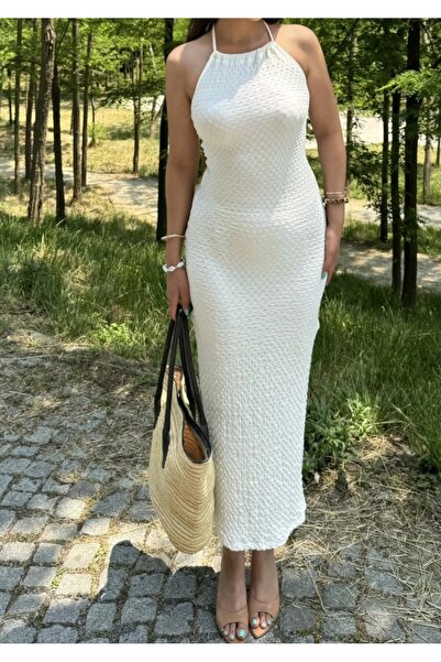 Femaura ELbise - FM075 Model Boyundan Bağlamalı Bürümcük Elbise.