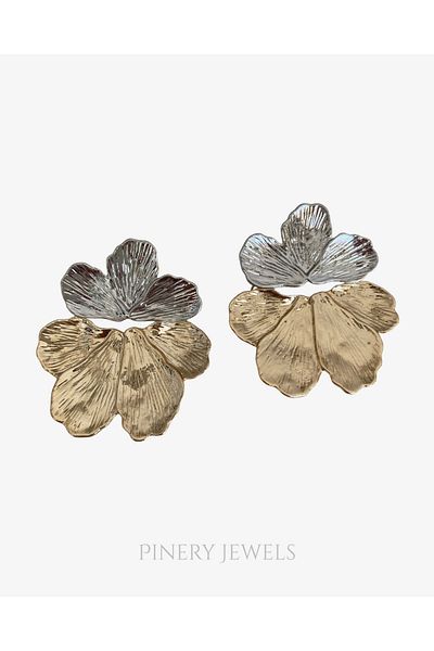 Pinery Jewels Leaf Gold Silver Double Color Women's Earring Pair 6 cm