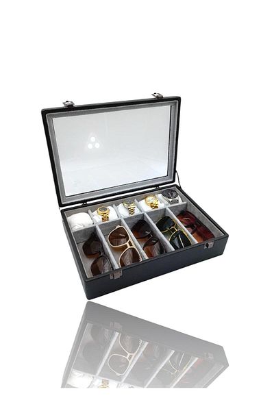 DİJİTAL ÇARŞI MAĞAZACILIK Diji 5 Glasses 5 Watch Box Watch and Glasses Bag Black Inside Gray White Padded