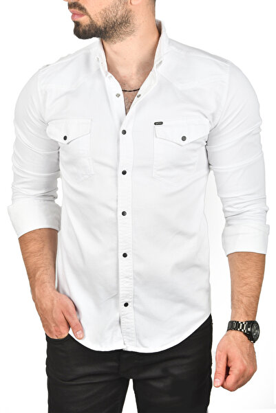 DeepSEA Erkek Beyaz Slim Fit Pamuklu Çift Cepli Kot Gömlek Çıtçıtlı Uzun Kollu Spor Gömlek 2502503