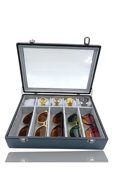 DİJİTAL ÇARŞI MAĞAZACILIK Diji 5 Glasses 5 Watch Box Watch and Glasses Bag Black Inside Gray Gray Padded
