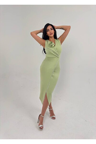 asyadabutik Özel Tasarım Gül Detay Kruvaze Yaka Taş Detaylı Asimetrik Kesim Elbise