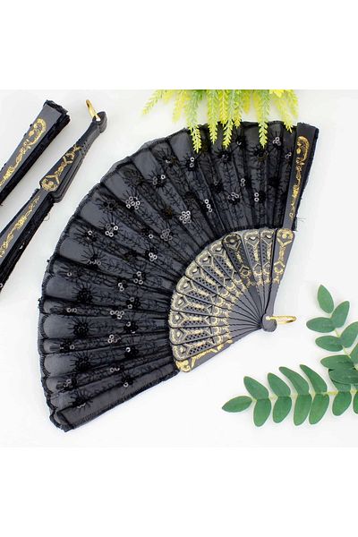 Toptan Bulurum Plastic Sequin Fabric Fan 12 Pack Black