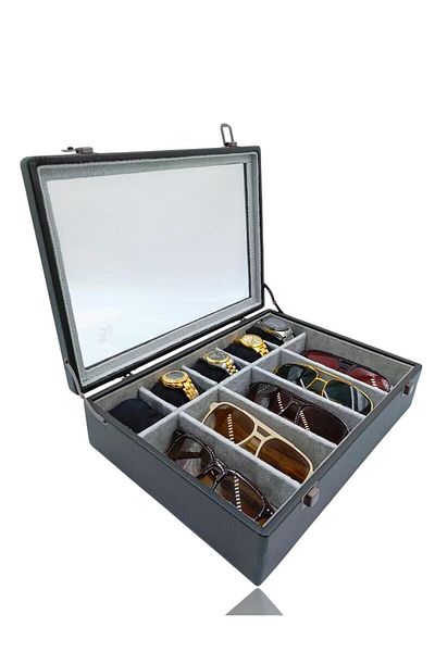 DİJİTAL ÇARŞI MAĞAZACILIK Diji 5 Glasses 5 Watch Box Watch and Glasses Bag Black Inside Gray Black Padded