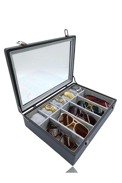 DİJİTAL ÇARŞI MAĞAZACILIK Diji 5 Glasses 5 Watch Box Watch and Glasses Bag Black Inside Gray Gray Padded