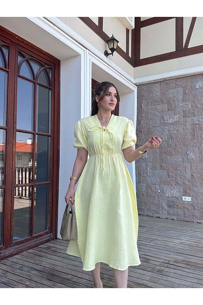 badibadii Women's V-Neck Yellow Muslin Fabric Short Sleeve Dress