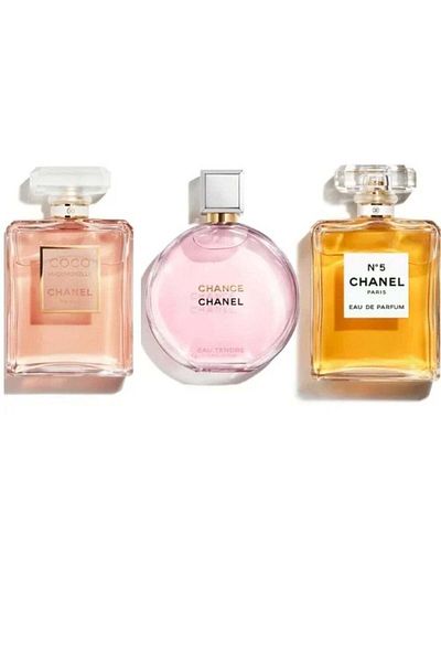 Chance Chanel Paris Chance Tender 100ml, Coco Paris Mademoiselle 100ml, and In Five 100ml perfume package