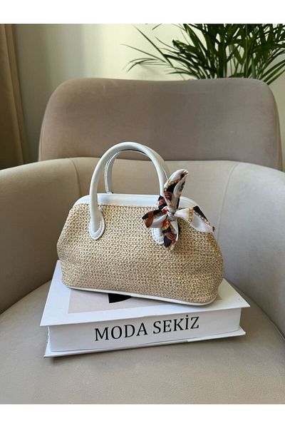 Moda Sekiz Women's Straw Shawl Accessory Detail Inner Volume Wide Cross Strap Hand and Shoulder Bag