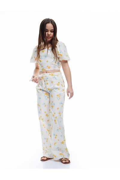 Koton New Season Cotton Floral Patterned Wide Leg Trousers with Belt Detail