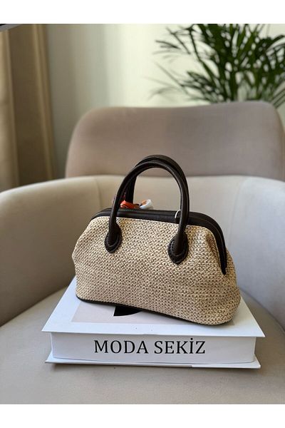 Moda Sekiz Women's Straw Shawl Accessory Detail Inner Volume Wide Cross Strap Hand and Shoulder Bag