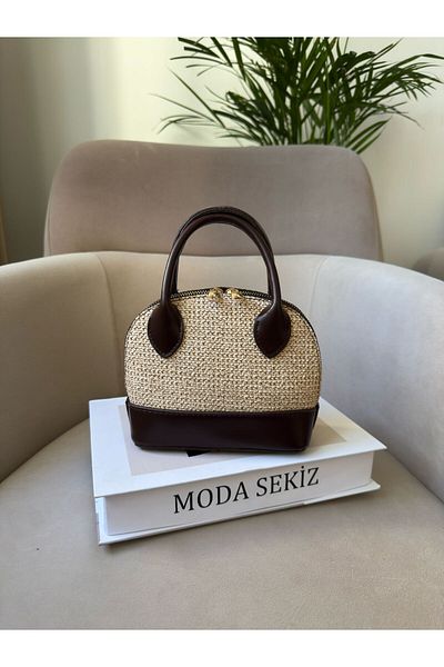 Moda Sekiz Women's Straw Faux Leather Detail Mini Cross Strap Hand and Shoulder Bag