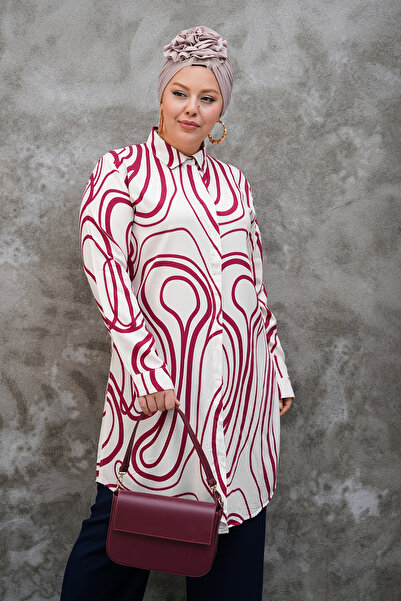 Polologin Butik Burgundy White Modern Pattern Tunic