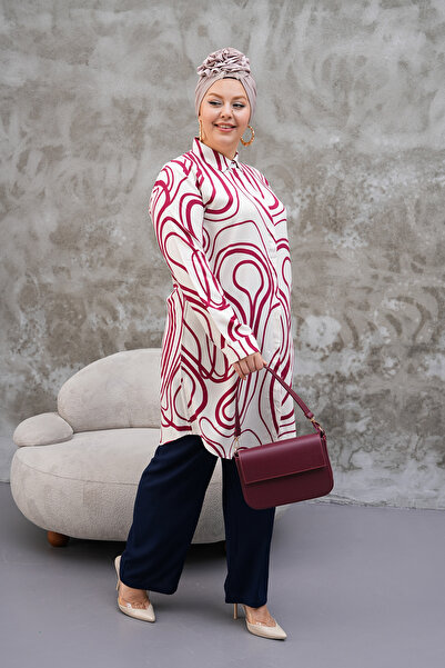 Polologin Butik Burgundy White Modern Pattern Tunic