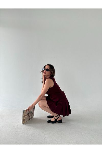 ForOus Claret Red Pleated Mini Skirt Vest Suit