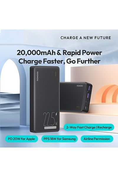 Romoss Power Bank 20000mAh, 22.5W fast charge, suitable for iPhone 13-16, Android