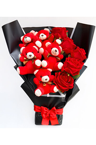 Linalux Gifts Hediye Sevgiliye Ayıcık Buketi Kırmızı Ayıcıklar ve Kırmzıı Kad...