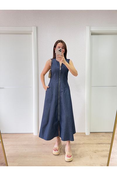 ForOus Full Zippered Sleeveless Midi Length Denim Dress