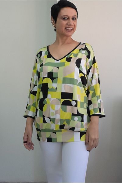 Mertcan Butik V-Neck White Yellow Black Pattern Bat Three-Quarter Sleeve Combed Viscose T-Shirt