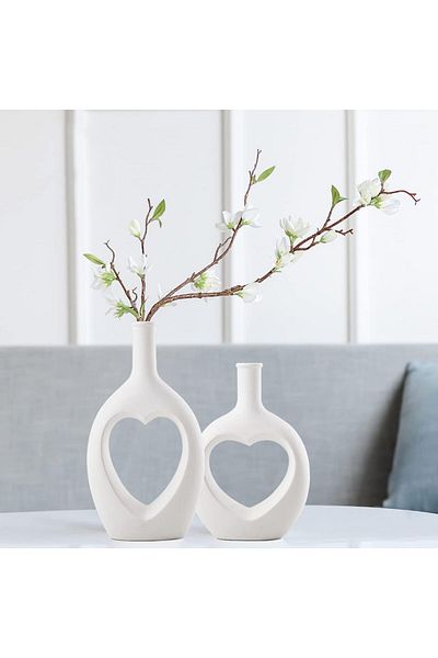 Living Ceramic Vase Set – 2 Pieces in Heart Shape (28 cm & 22 cm) , white